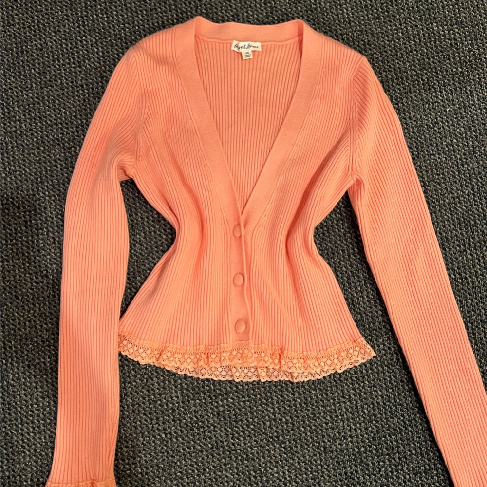 Chic Coral Cardigan with Lace Trim